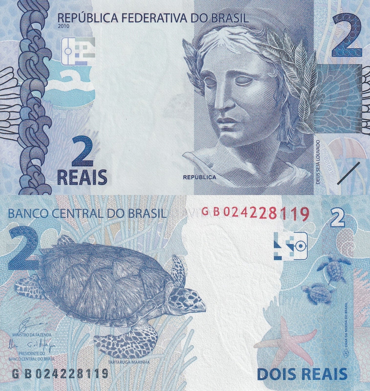 Brazil 2 Reais 2019/2010 P 252e UNC Prefix GB Signatures