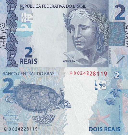 Brazil 2 Reais 2019/2010 P 252e UNC Prefix GB Signatures