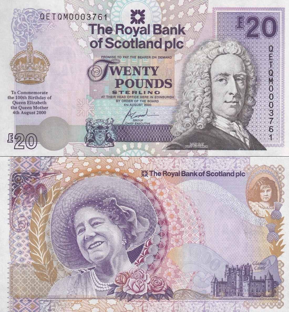 Scotland 20 Pounds Sterling 2000 P 361 UNC Royal Bank of Scotland PLC COMM. W/F