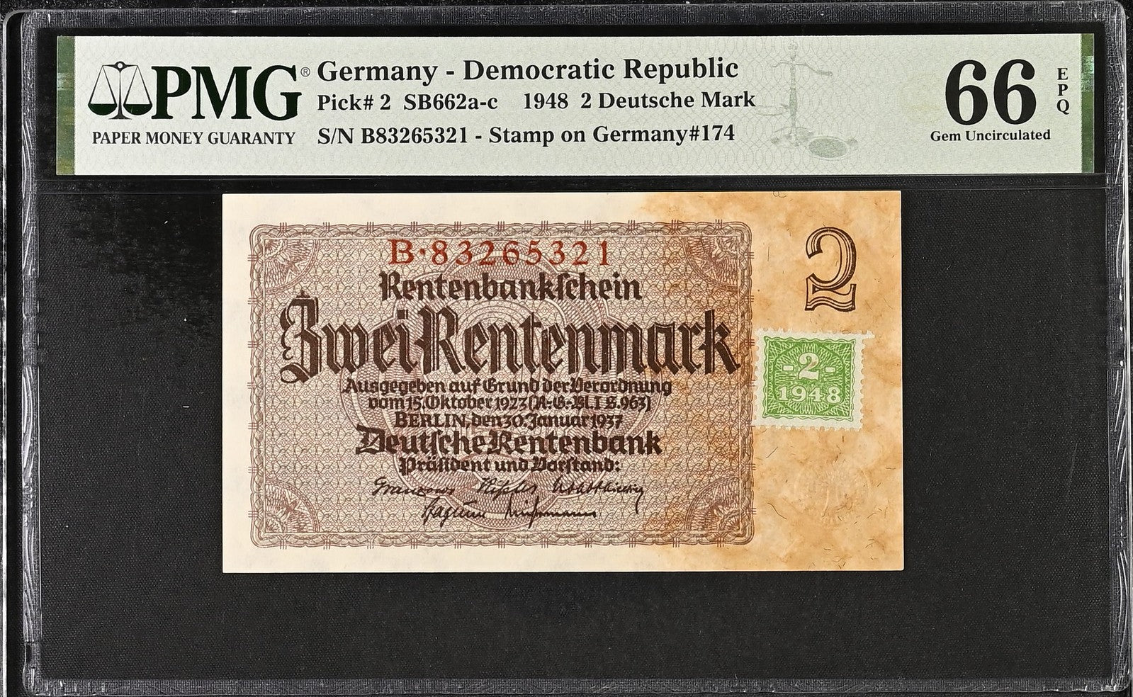 Germany 2 Deutsche Mark 1948 P 2 Stamp on P 174 UNC PMG 66 EPQ 2nd TOP POP