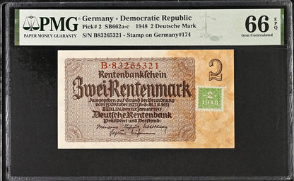Germany 2 Deutsche Mark 1948 P 2 Stamp on P 174 UNC PMG 66 EPQ 2nd TOP POP