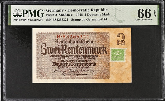 Germany 2 Deutsche Mark 1948 P 2 Stamp on P 174 UNC PMG 66 EPQ 2nd TOP POP