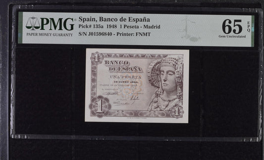 Spain Banco de España 1 Peseta 1948 P 135a UNC PMG 65 EPQ