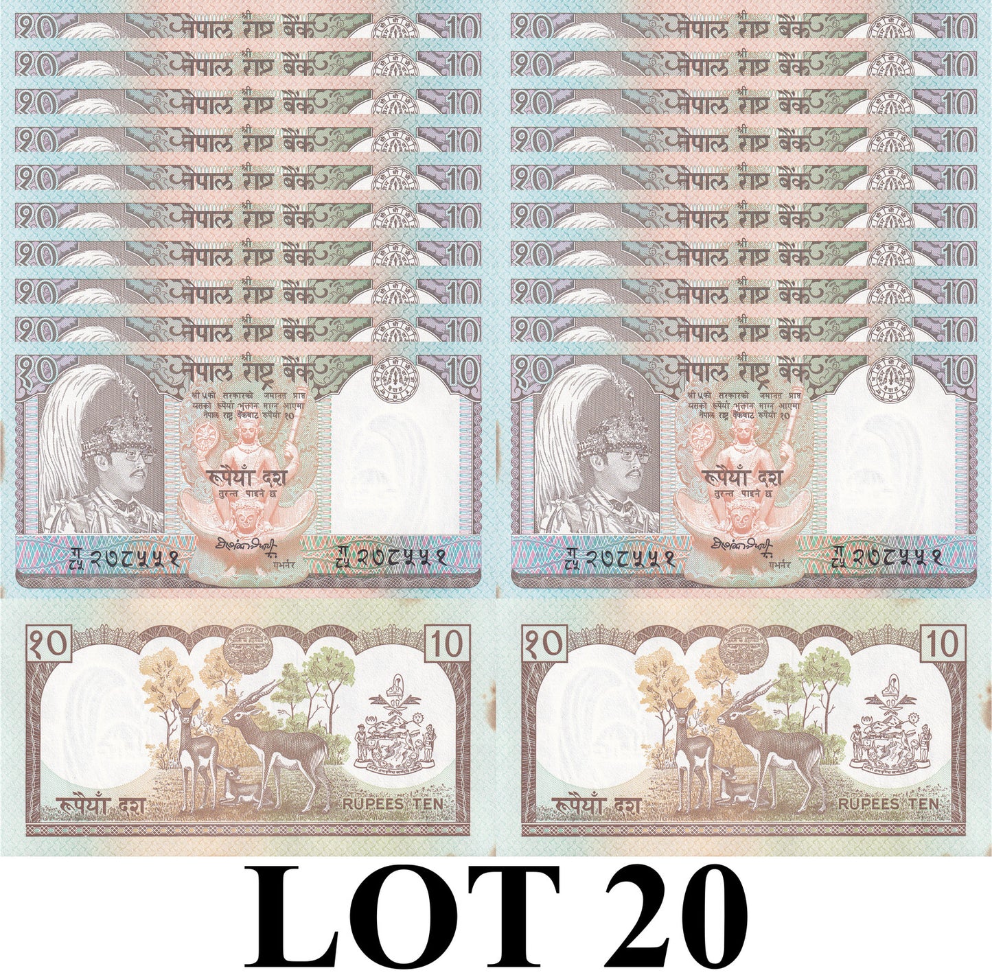 Nepal 10 Rupees 1990-1995 P 31a2 UNC FOXING 1/5 Bundle Lot 20 pcs