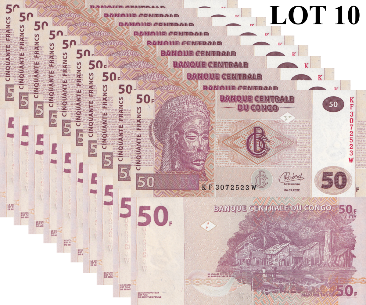 Congo Democratic Republic 50 Francs 2022 P 97A UNC 1/10 Bundle Lot 10 pcs