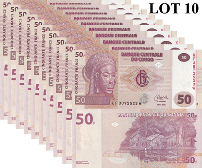 Congo Democratic Republic 50 Francs 2022 P 97A UNC 1/10 Bundle Lot 10 pcs