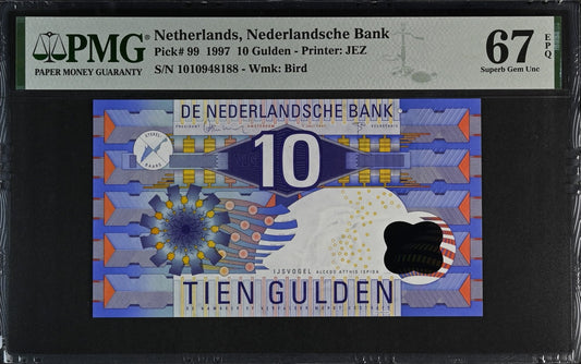 Netherlands Nederlandsche Bank 10 Gulden 1997 P 99 UNC PMG 67 EPQ