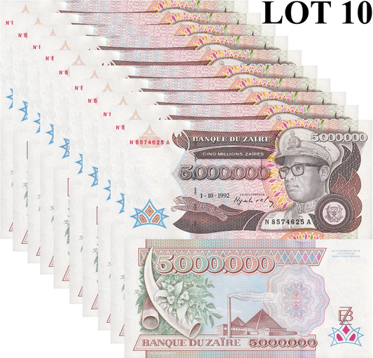 Zaire 5000000 Zaires 1992 P 46 UNC 1/10 Bundle LOT 10 pcs
