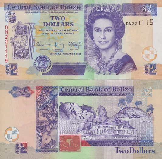 Belize Central Bank of Belize 2 Dollars 2014 P 66e Queen QEII UNC