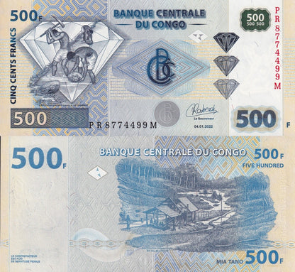 Congo Democratic Republic 500 Francs 2022 P 96C UNC 1/10 Bundle Lot 10 pcs