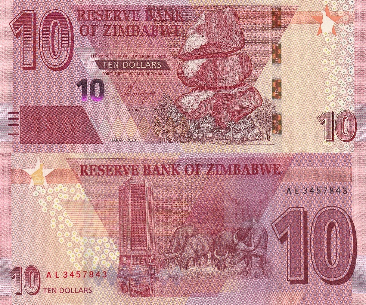 Zimbabwe 10 Dollars 2020 P 103 UNC 1 Bundle Lot  100 pcs