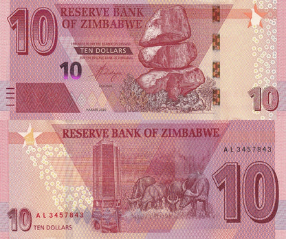 Zimbabwe 10 Dollars 2020 P 103 UNC 1 Bundle Lot  100 pcs