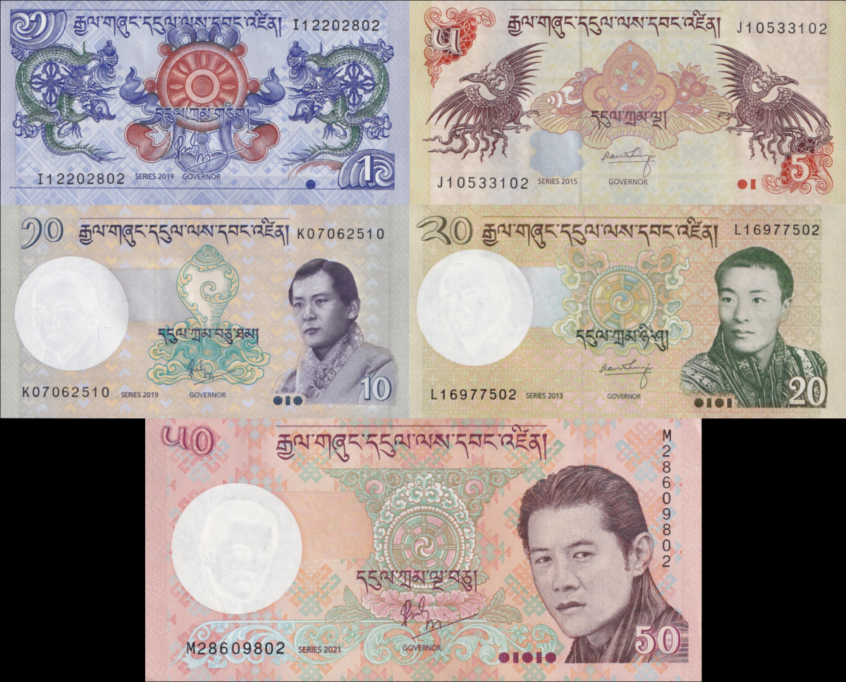 Bhutan 1 5 10 20 50 Ngultrum 2013 2015 2019 2021 P 27 28 29 30 31 UNC Set 5 pcs