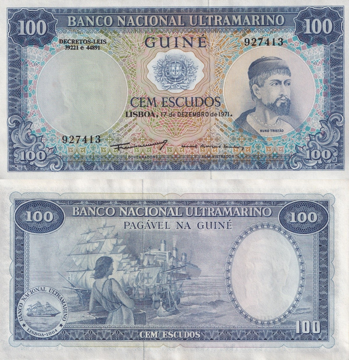 Portuguese guines 100 Escudos 1971 P 45 UNC MINOR FOXING