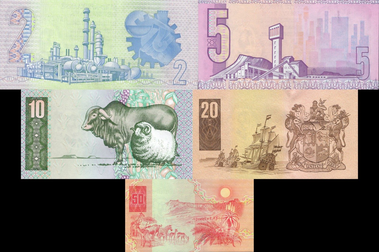 South Africa 2 5 10 20 50 Rand 1990 P 118 119 120 121 122 UNC Set 5 pcs
