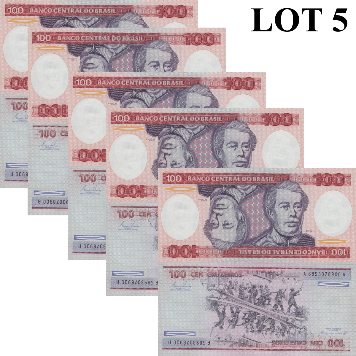 Brazil 100 Cruzeiros ND (1981-1984) P 198 UNC 1/20 Bundle Lot 5 pcs