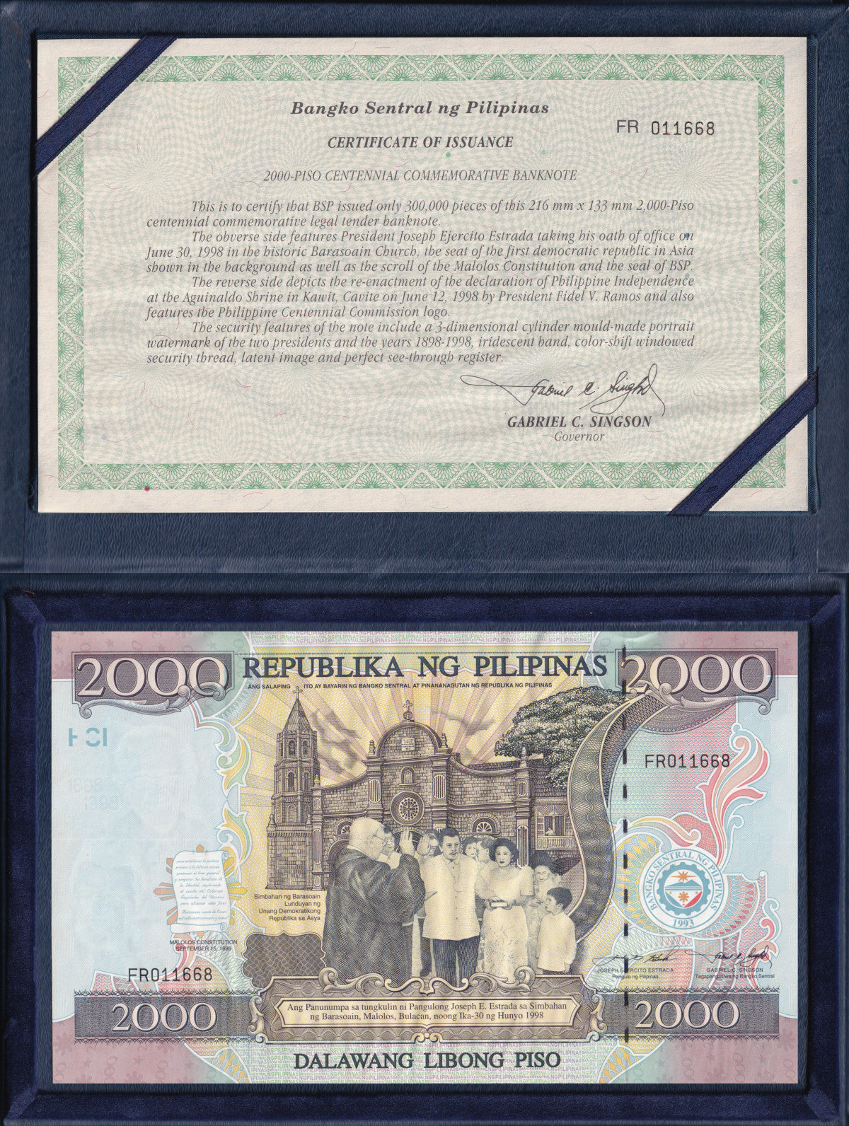 Philippines 2000 Piso 1998 P 189 UNC Commemorative MINOR FOXING With Folder