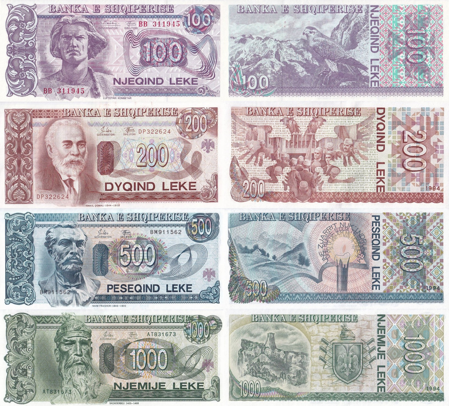 Albania 100 200 500 1000 Leke 1994 P 55b 56 57a 58 UNC Set 4 pcs