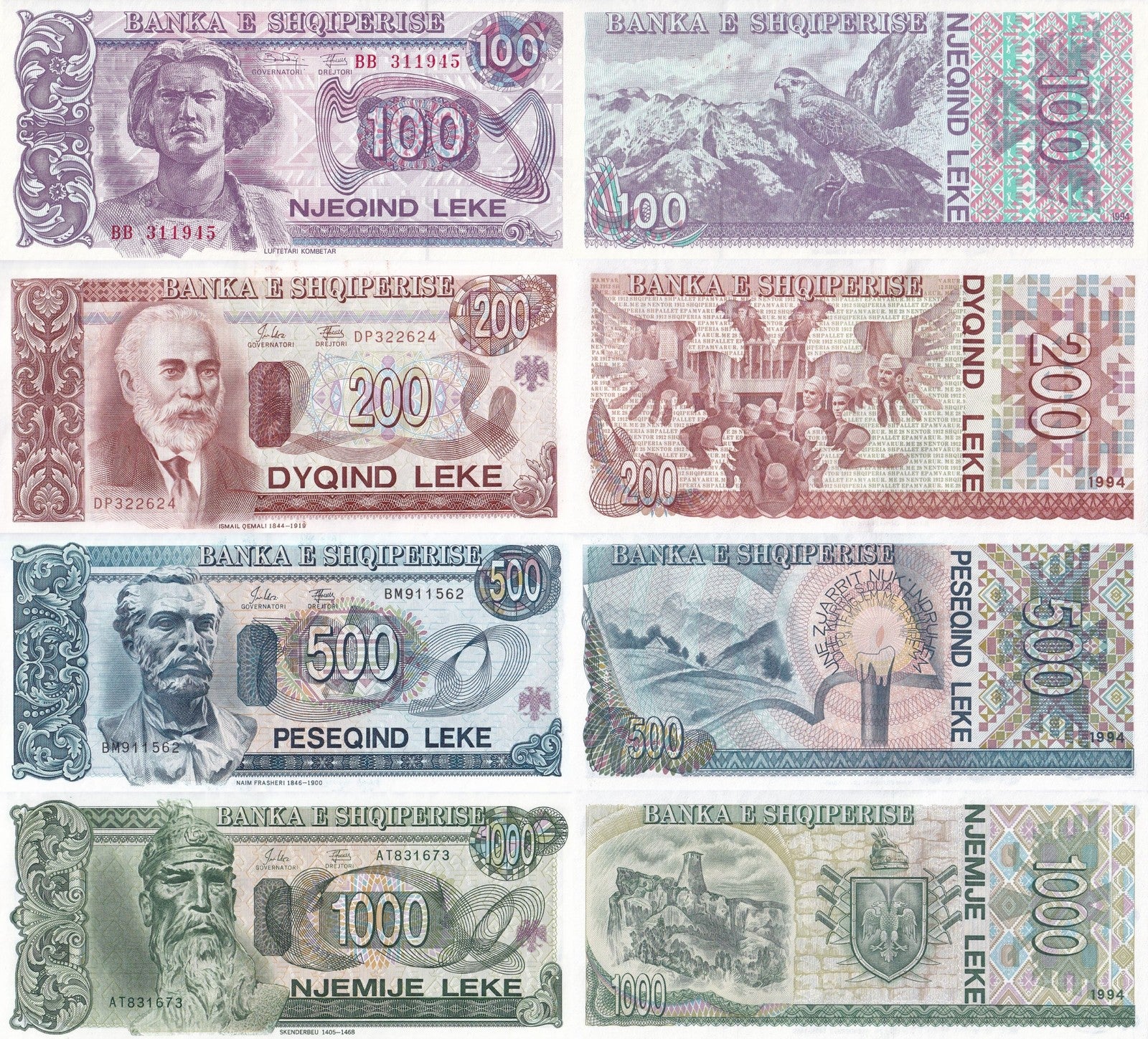 Albania 100 200 500 1000 Leke 1994 P 55b 56 57a 58 UNC Set 4 pcs