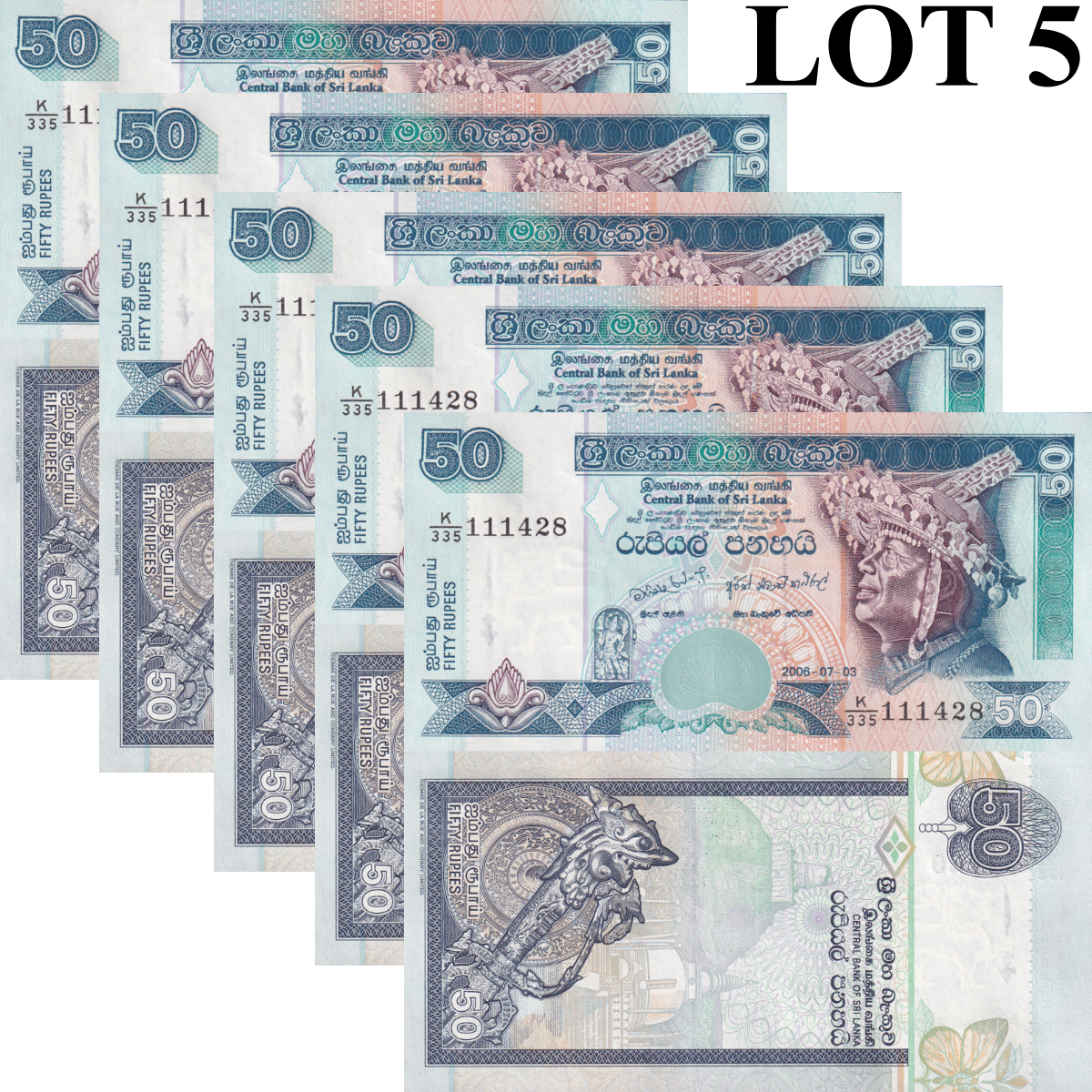 Sri Lanka 50 Rupees 2006 P 110f UNC 1/20 Bundle Lot 5 pcs