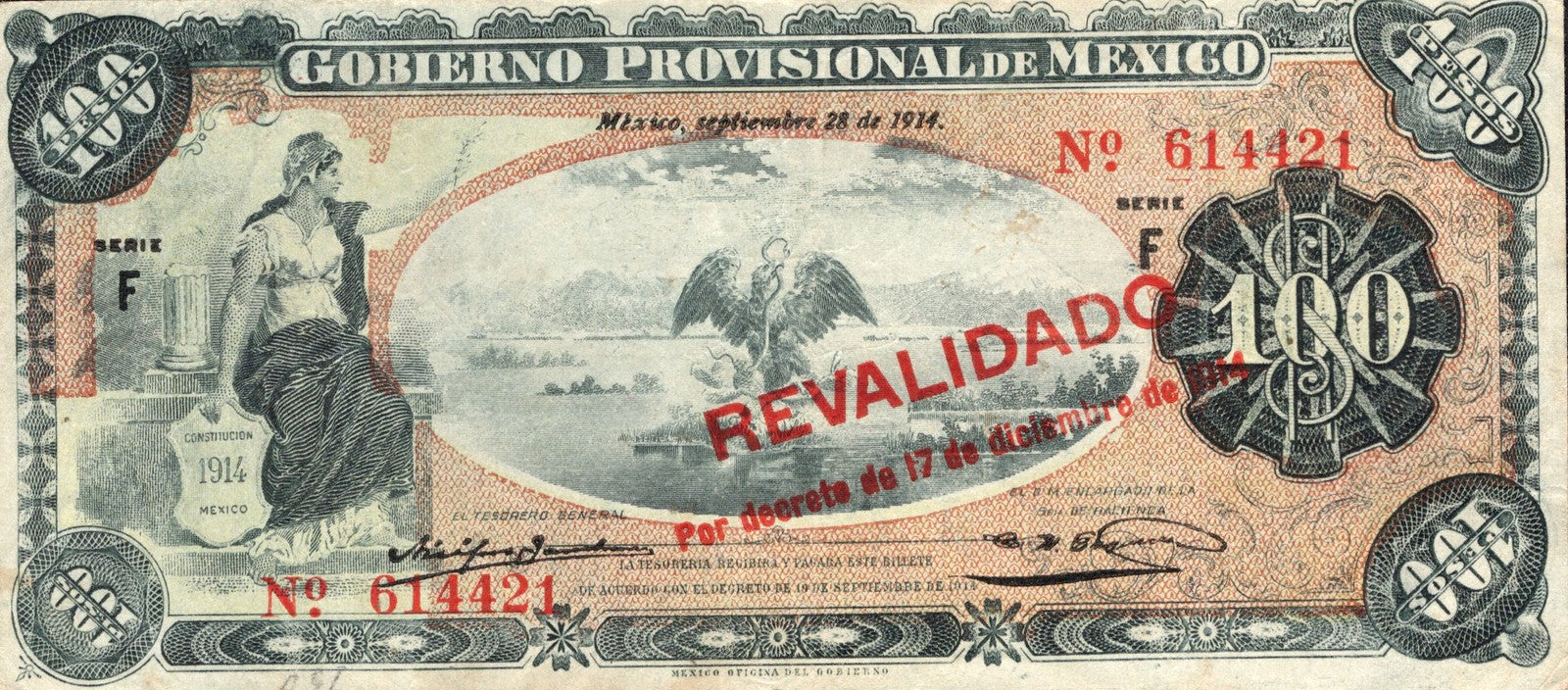 Mexico 100 Peso 1914 P S708b Circulated SERIE F