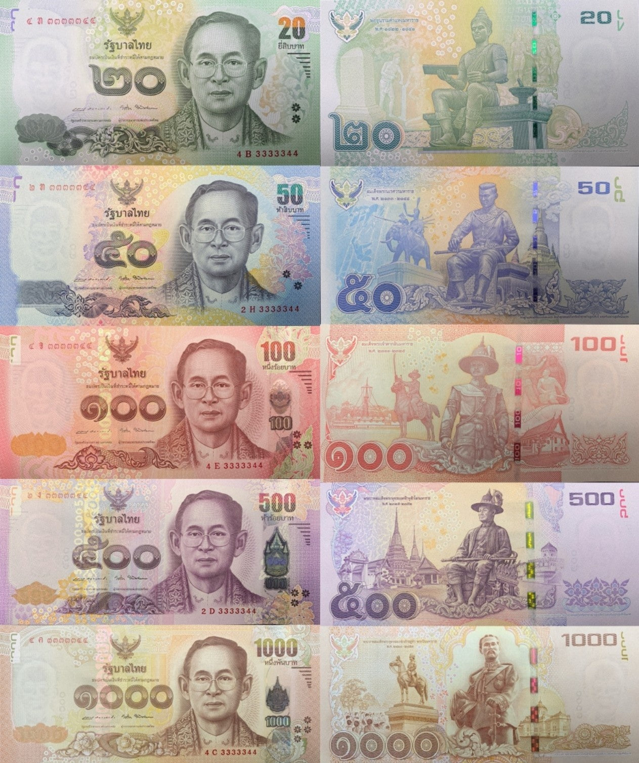 Thailand 20 50 100 500 1000 Baht 2010-16 P 118-122 UNC Match No. 33333XX Set 5