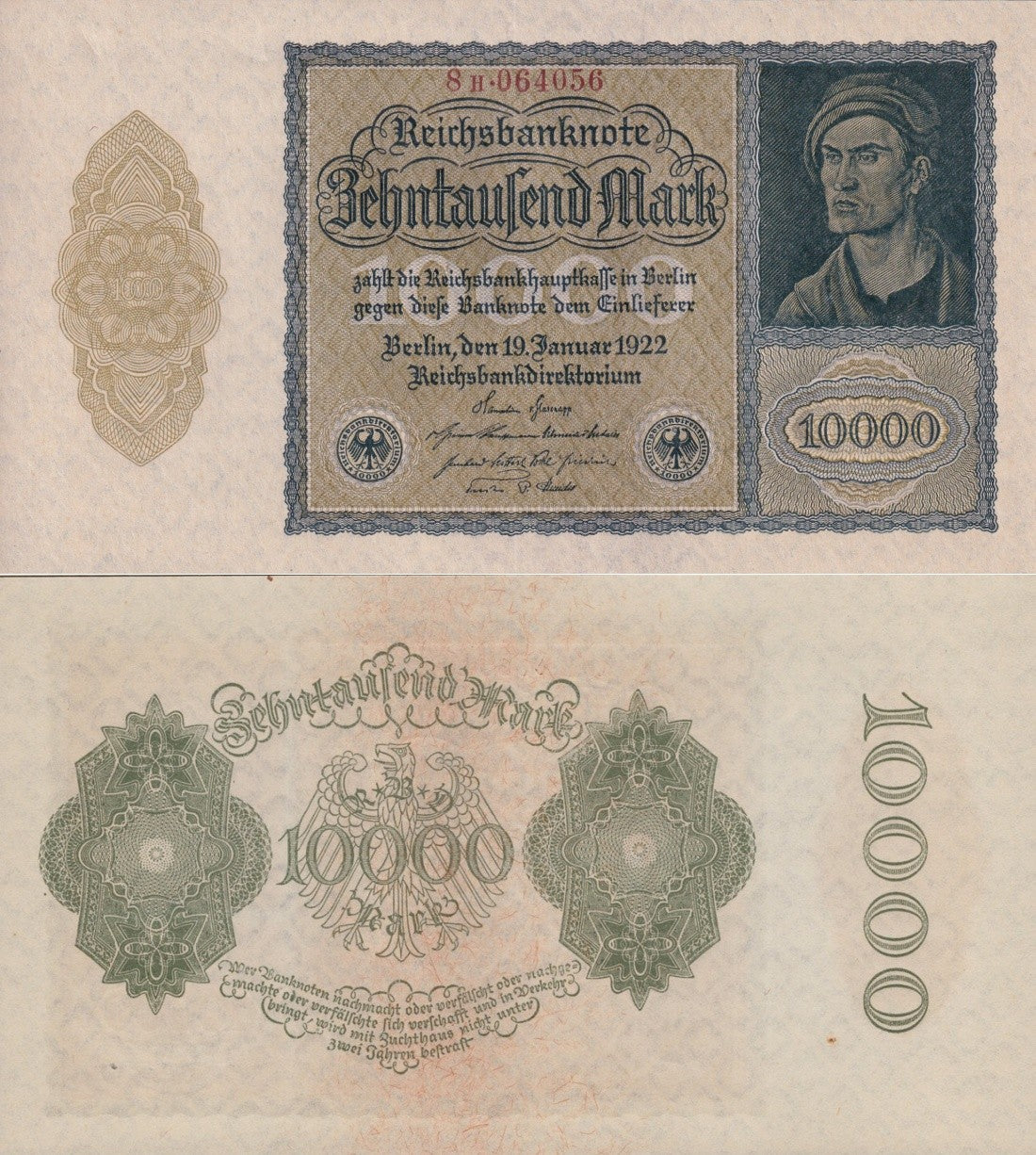 Germany 10000 Mark 1922 P 72 UNC MINOR FOXING