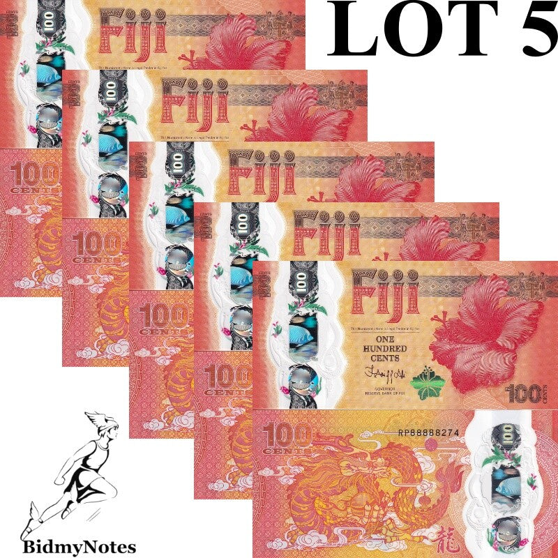 Fiji 100 Cent 2023 P 124 Polymer UNC COMM. Year of Dragon S/N 88888XXX LOT 5 pcs