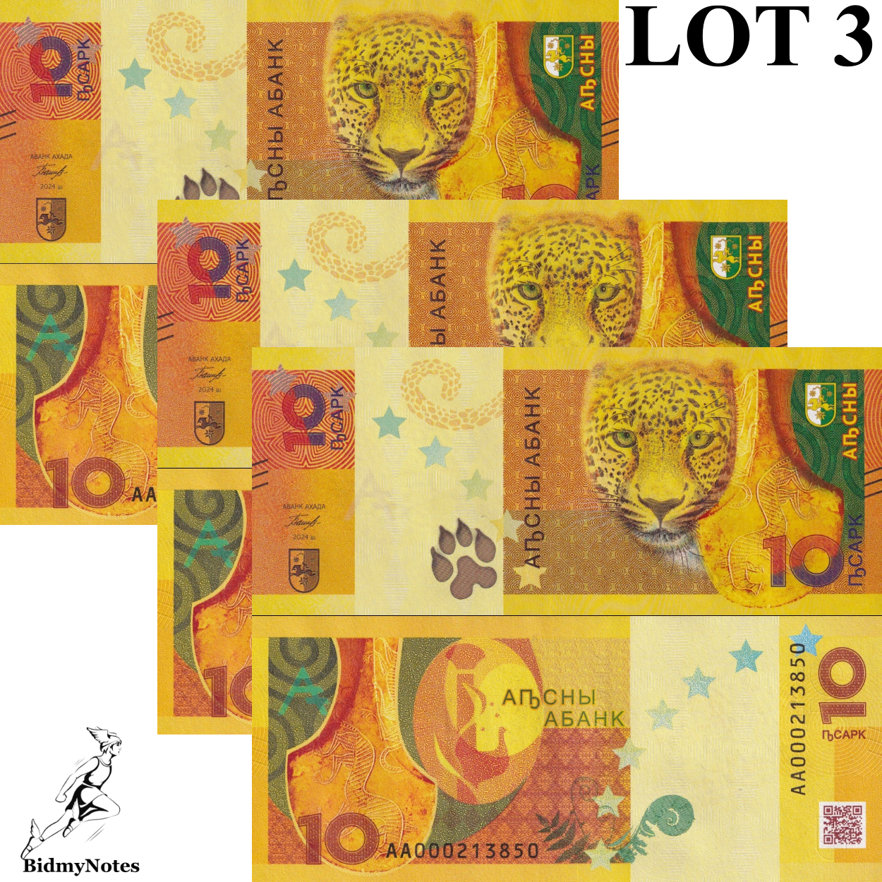 Abkhazia 10 Apsar 2024 P 3 New Leopard UNC COMM. AA Prefix LOT 3 pcs