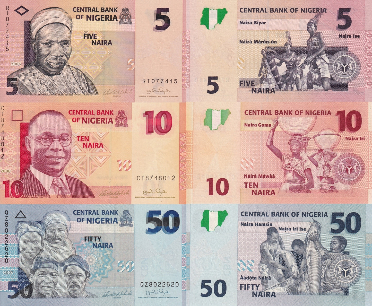 Nigeria 5 10 50 Naira 2006&2007 P 32a 33a 35b UNC Set 3 pcs
