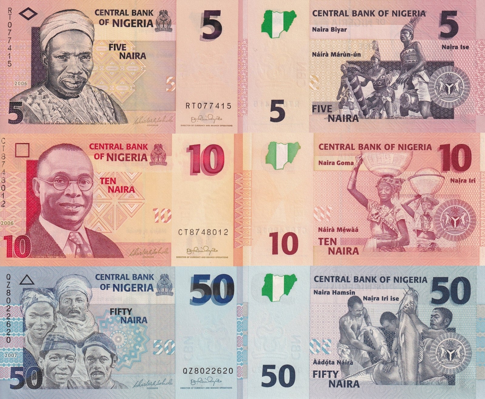 Nigeria 5 10 50 Naira 2006&2007 P 32a 33a 35b UNC Set 3 pcs