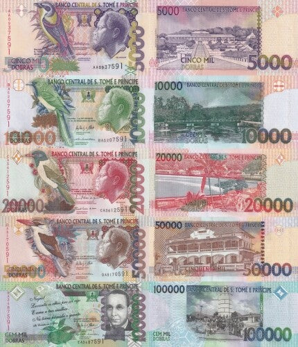 Sao Tome 5000-100000 Dobras 1996-2013 P 65a-69c UNC Same Last 3 Digit Set 5 pcs