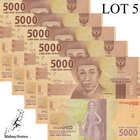 Indonesia 5000 Rupiah 2016/2021 P 156 UNC 1/20  LOT 5 pcs