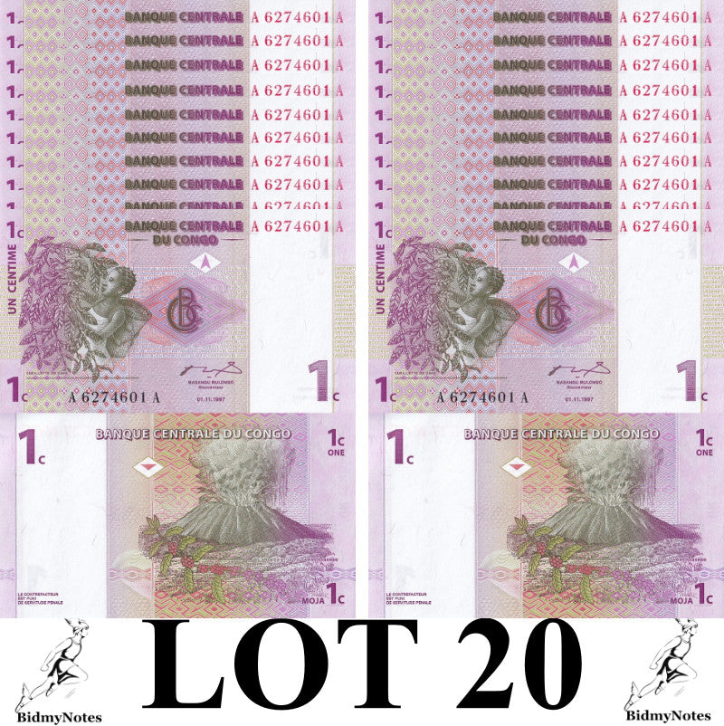 Congo Democratic Republic 1 Centime 1997 P 80 UNC 1/5 Bundle LOT 20 pcs