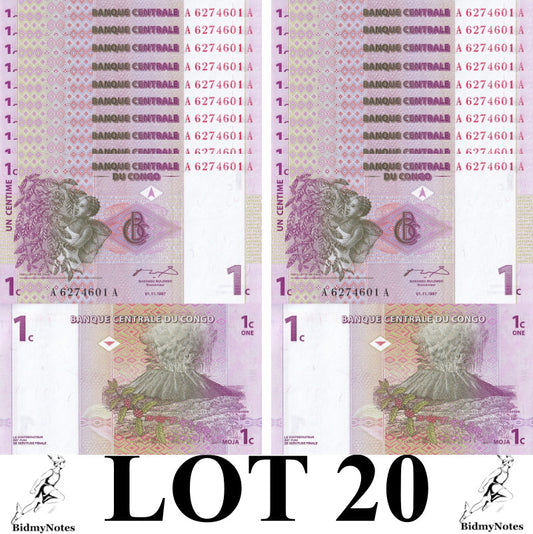 Congo Democratic Republic 1 Centime 1997 P 80 UNC 1/5 Bundle LOT 20 pcs