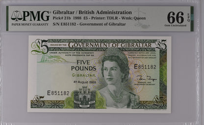 Gibraltar British Administration 5 Pounds 1988 P 21b UNC PMG 66 EPQ