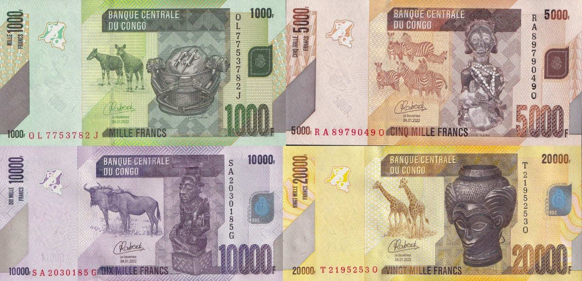 Congo Democratic Republic 1000 5000 -20000 Francs 2022 P 101-104 UNC Set 4 pcs