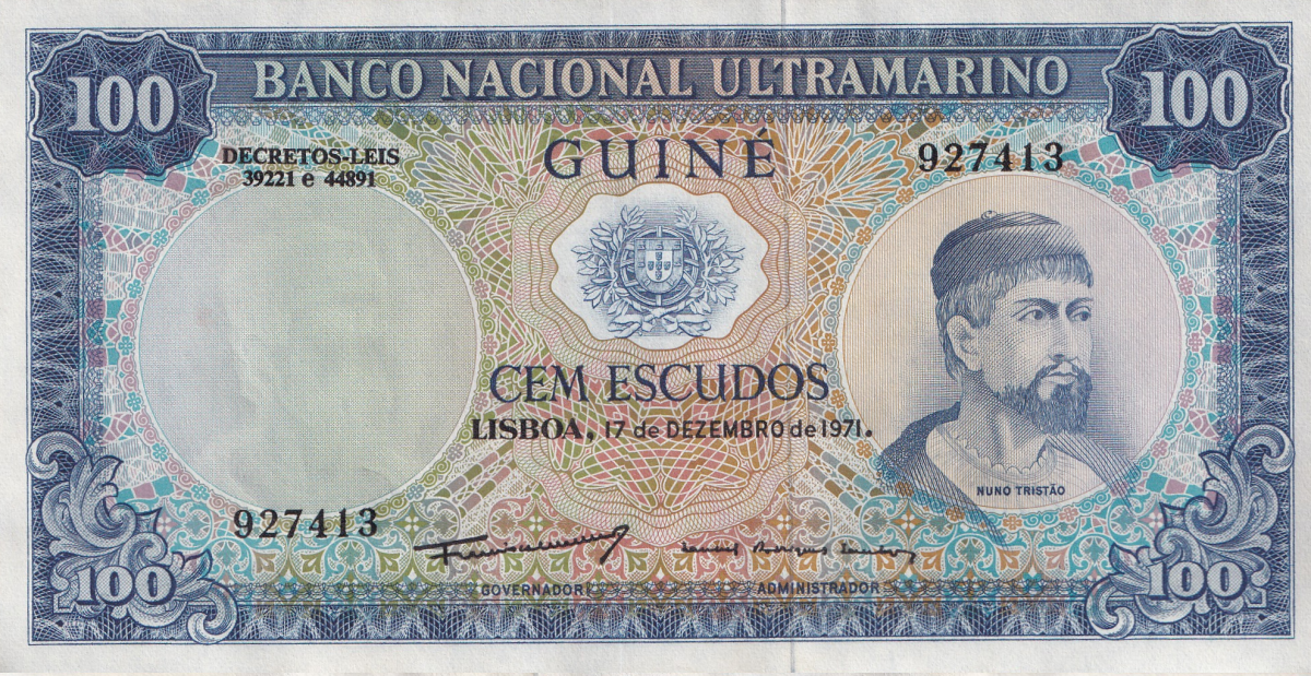 Portuguese guines 100 Escudos 1971 P 45 UNC MINOR FOXING