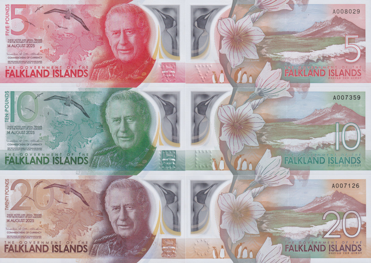 Falkland Islands 5 10 20 Pounds 2025 P NEW Polymer UNC Set 3 pcs