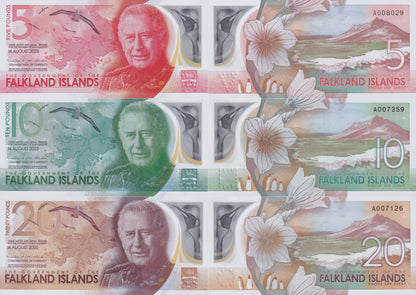 Falkland Islands 5 10 20 Pounds 2025 P NEW Polymer UNC Set 3 pcs