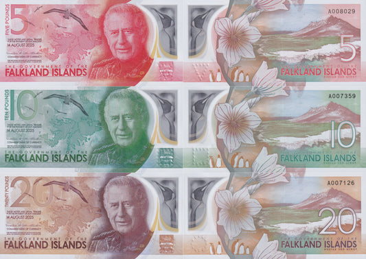 Falkland Islands 5 10 20 Pounds 2025 P NEW Polymer UNC Set 3 pcs