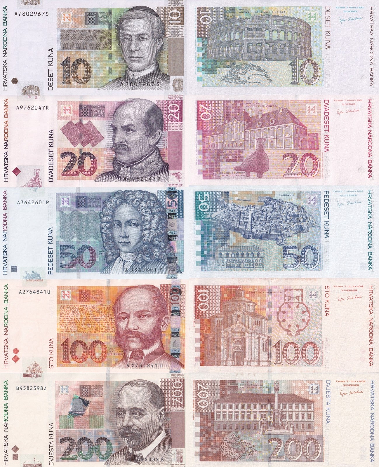 Croatia 10 20 50 100 200 Kuna 2001-2002 P 38a 39a 40a 41a 42a UNC Set 5 pcs