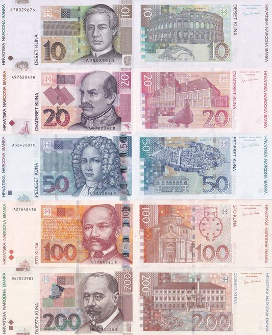 Croatia 10 20 50 100 200 Kuna 2001-2002 P 38a 39a 40a 41a 42a UNC Set 5 pcs