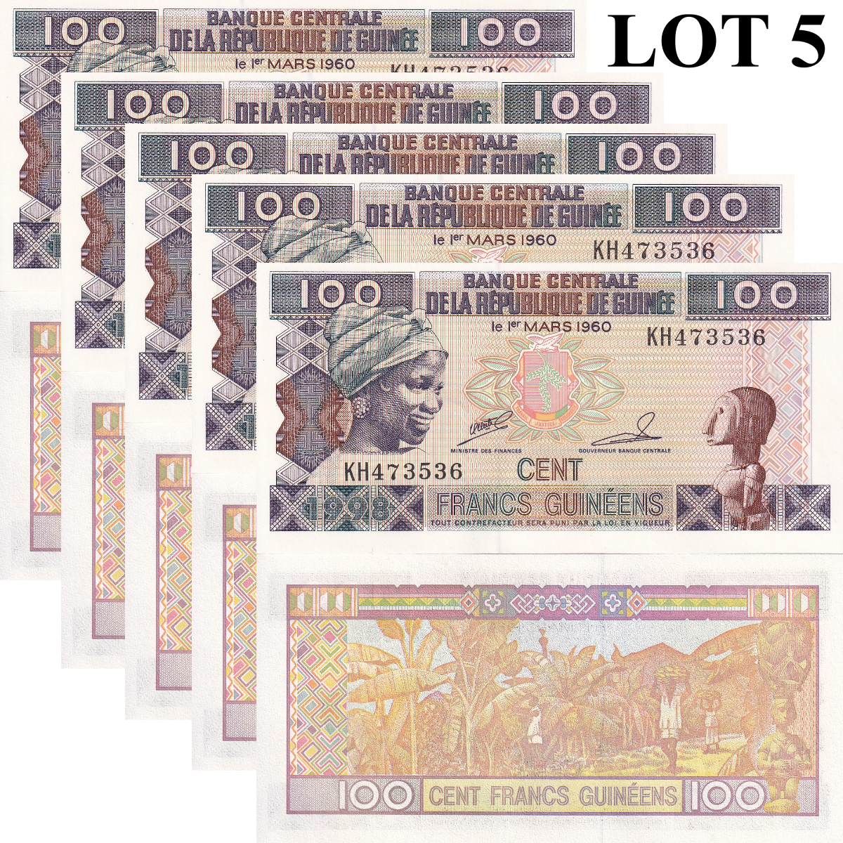 Guinea 100 Francs 1998 P 35a UNC 1/20 Bundle Lot 5 pcs