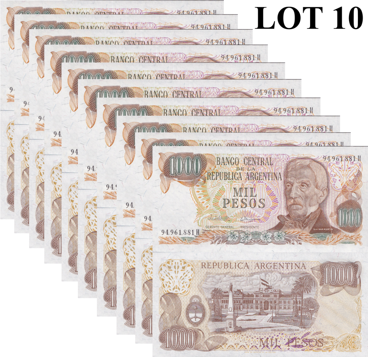 Argentina 1000 Pesos ND 1976-1983 P 304 UNC 1/10 Bundle Lot 10 pcs