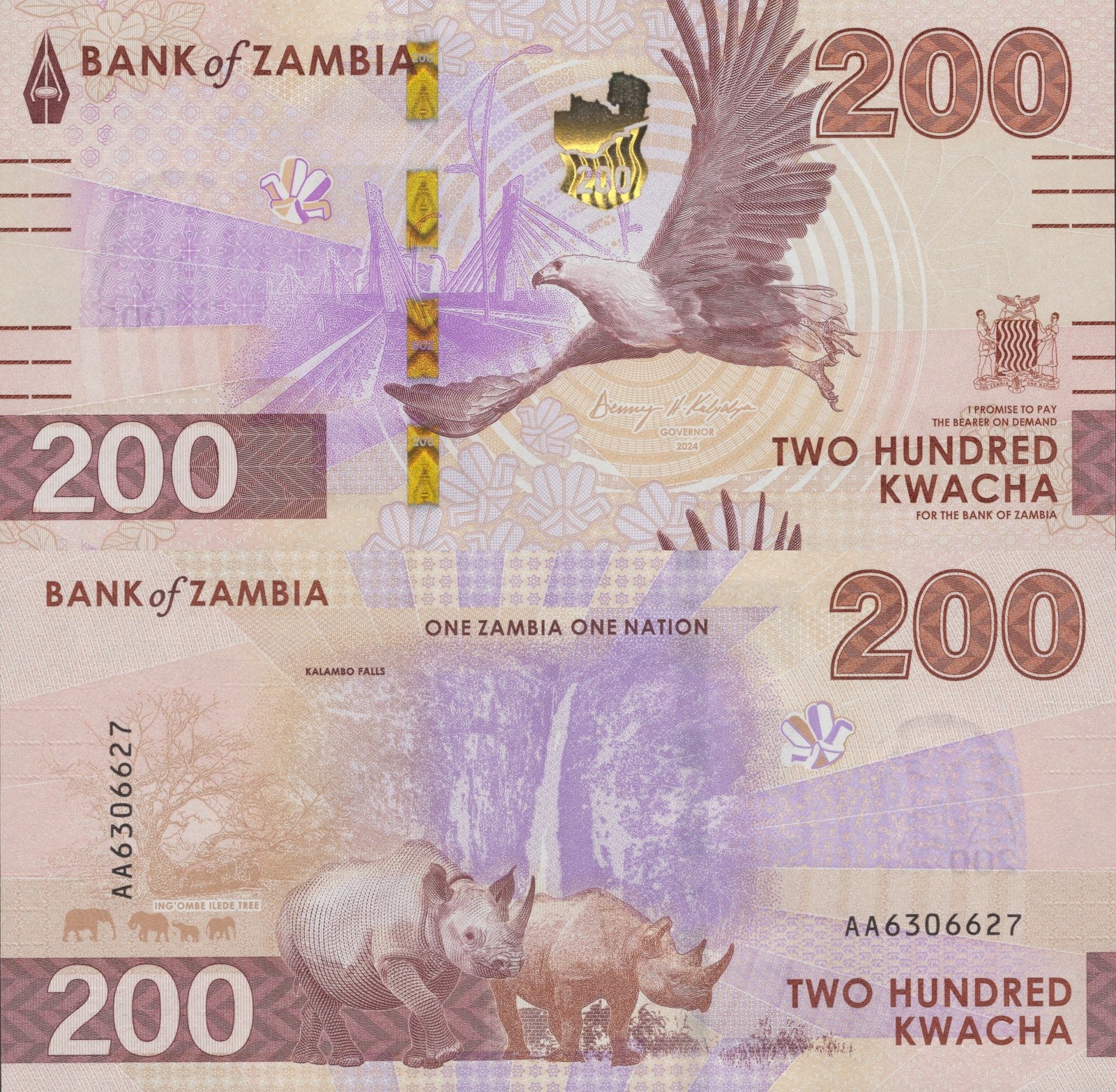 Zambia 200 Kwacha 2024 2025 P New Issue UNC AA First Prefix