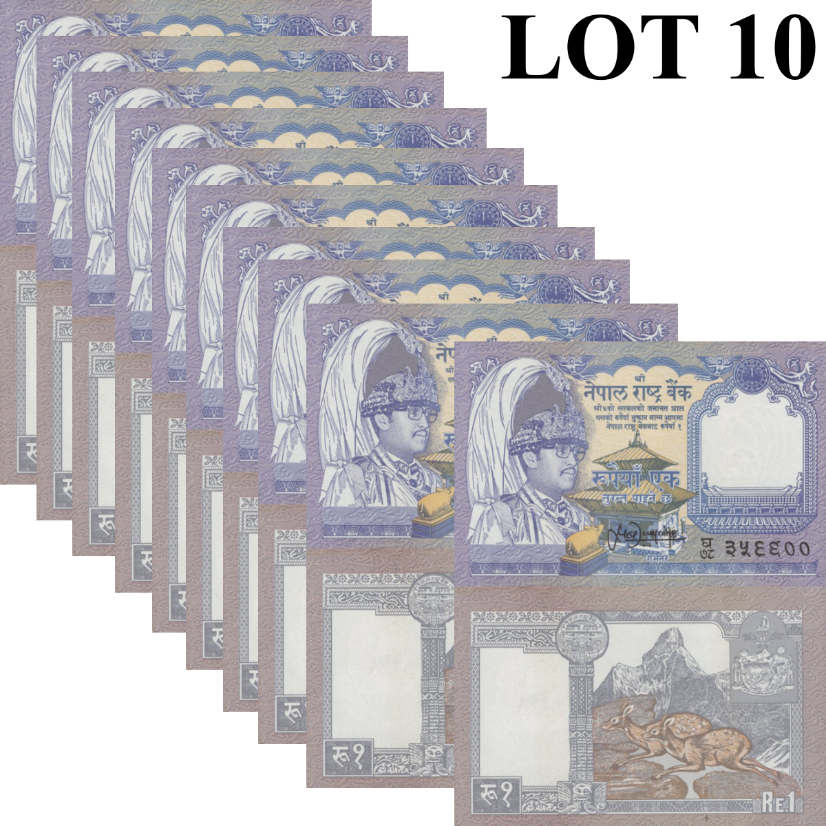 Nepal 1 Rupee ND 1991-2000 P 37 AU 1/10 Bundle Lot 10 pcs MINOR FOXING