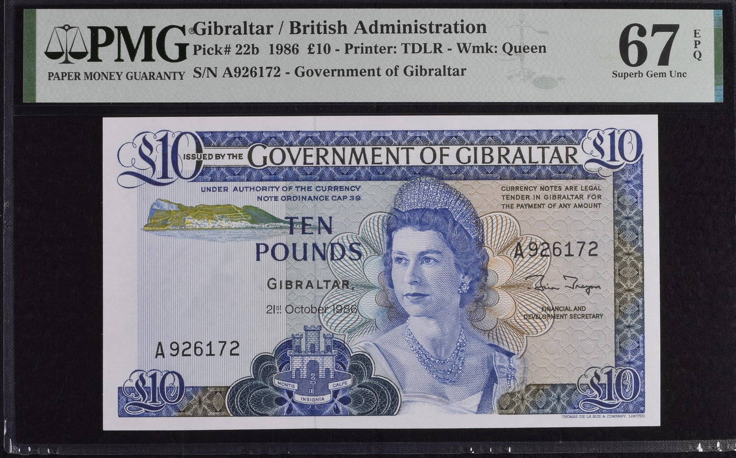 Gibraltar British Administration 10 Pounds 1986 P 22b UNC PMG 67 EPQ 3rd TOP POP