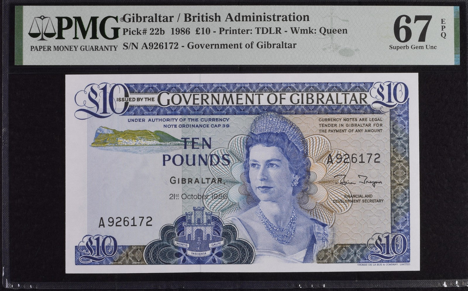 Gibraltar British Administration 10 Pounds 1986 P 22b UNC PMG 67 EPQ 3rd TOP POP