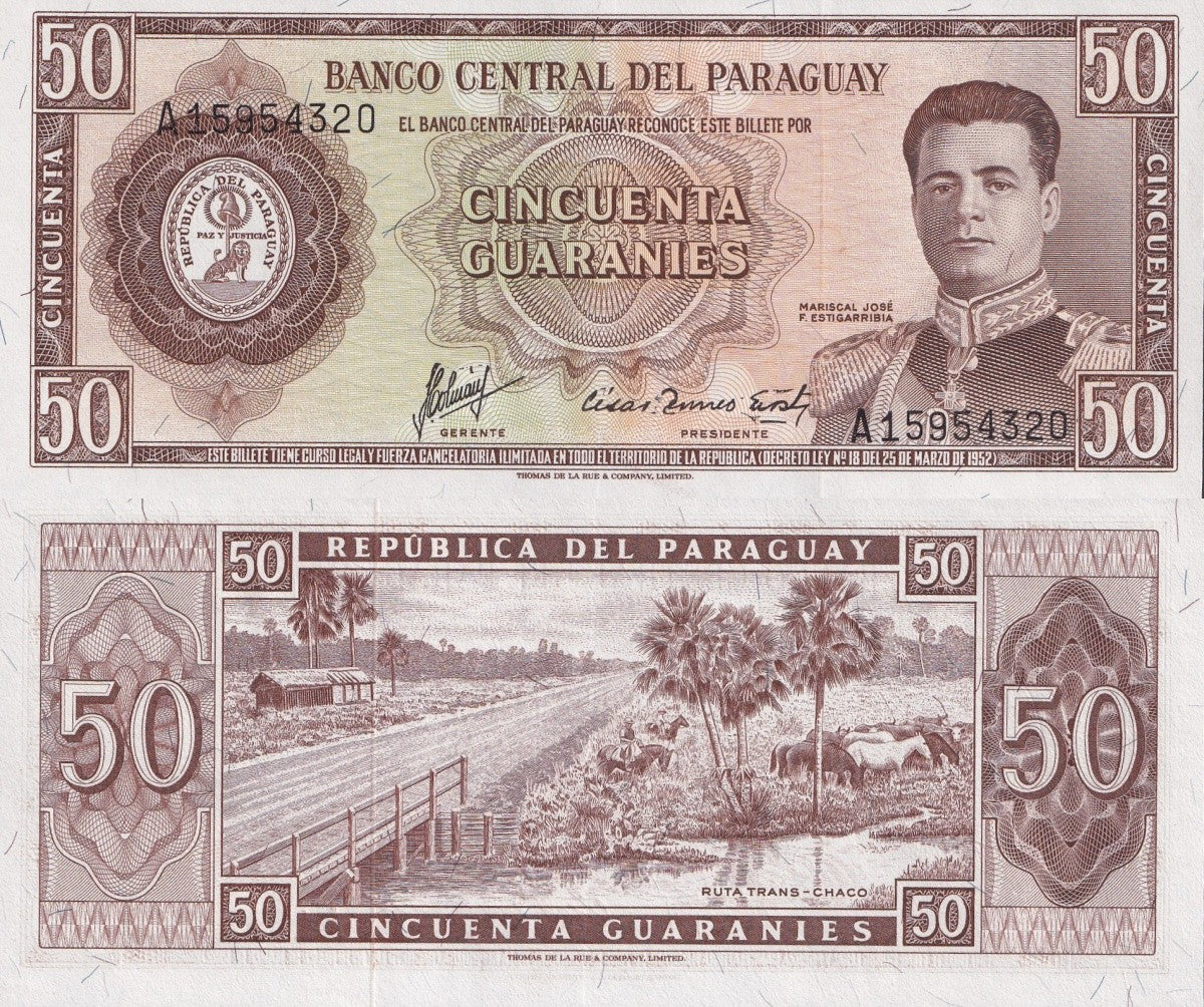Paraguay 50 Guaraníes 1952 P 197 UNC 1/20 Bundle Lot 5 pcs